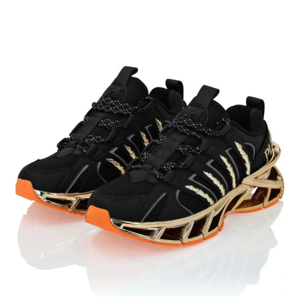 Philipp Plein Sport Black Gold Futuristic Runners with Orange Sole